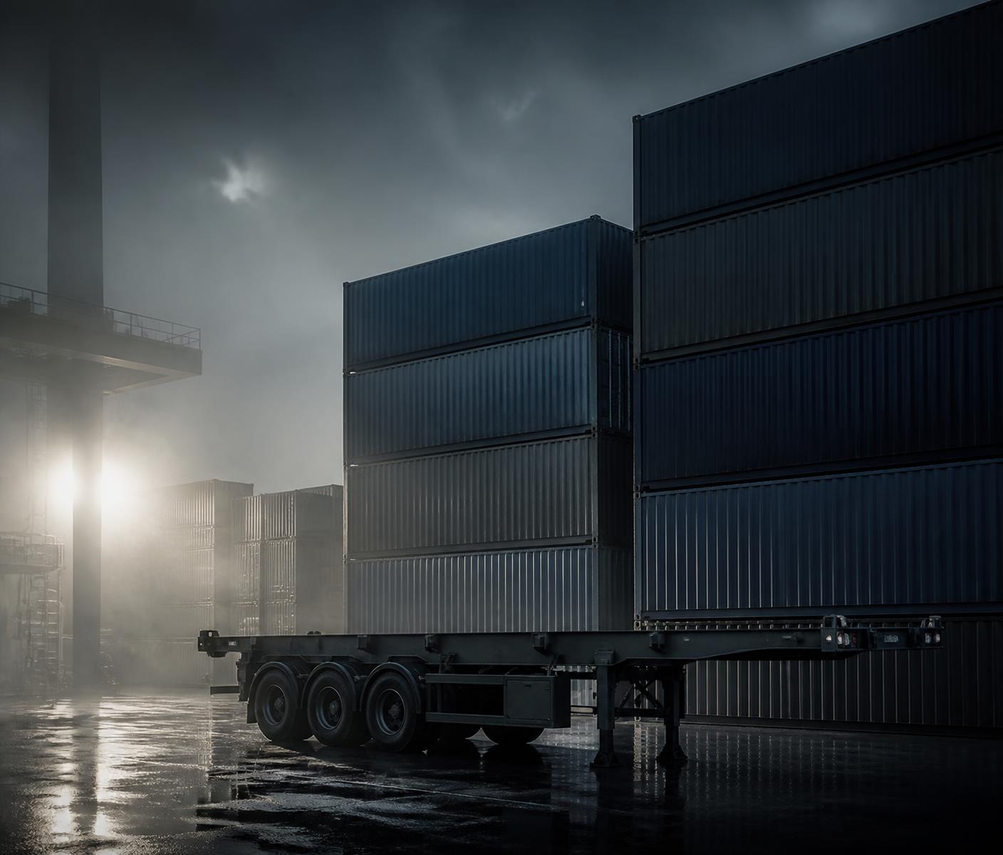 Containerstapel und Containerchassis auf einem Logistikhof