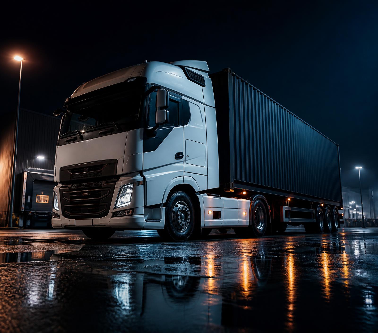 LKW mit Container nachts an einem Logistikterminal